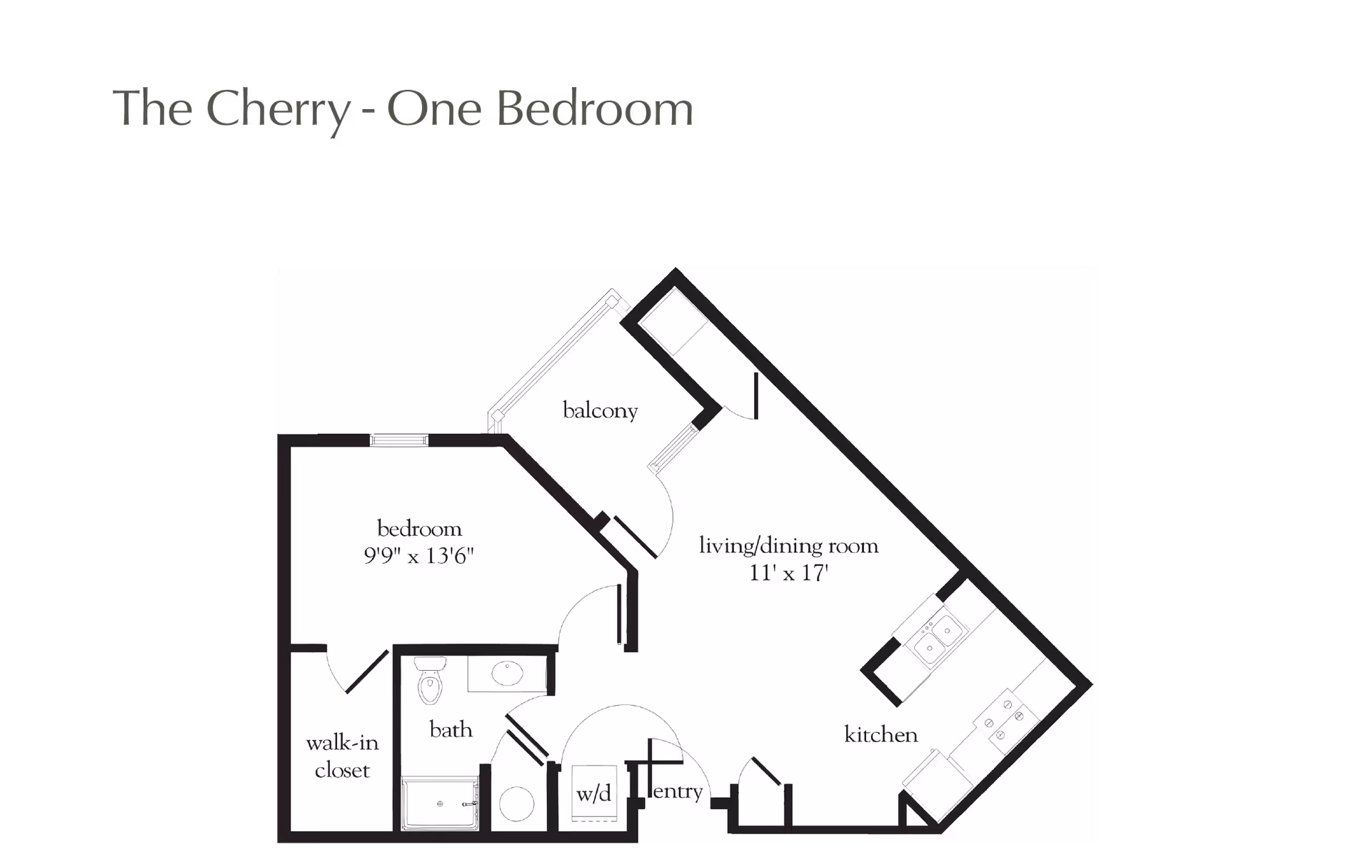 Black-and-white floor plan titled 'The Cherry - One Bedroom' showing a bedroom with walk-in closet, bath, living/dining room with balcony, kitchen, and entry with w/d.