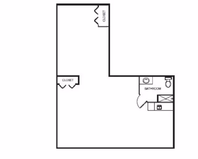 Black and white floor plan layout showing a single bathroom with a sink, toilet, and shower, two closets, and an open living space.
