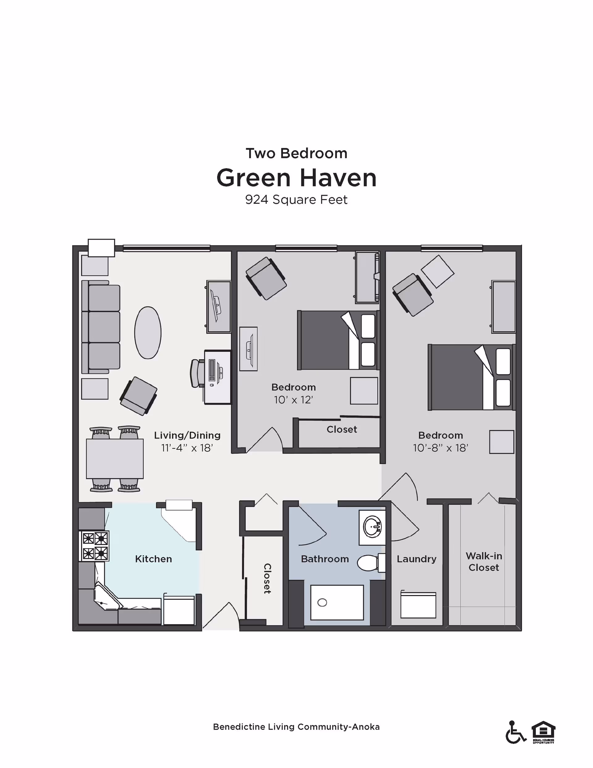 Floor plan of a two-bedroom apartment named Green Haven with 924 square feet. The layout includes a living/dining area, kitchen, two bedrooms, a bathroom, laundry area, closets, and a walk-in closet.