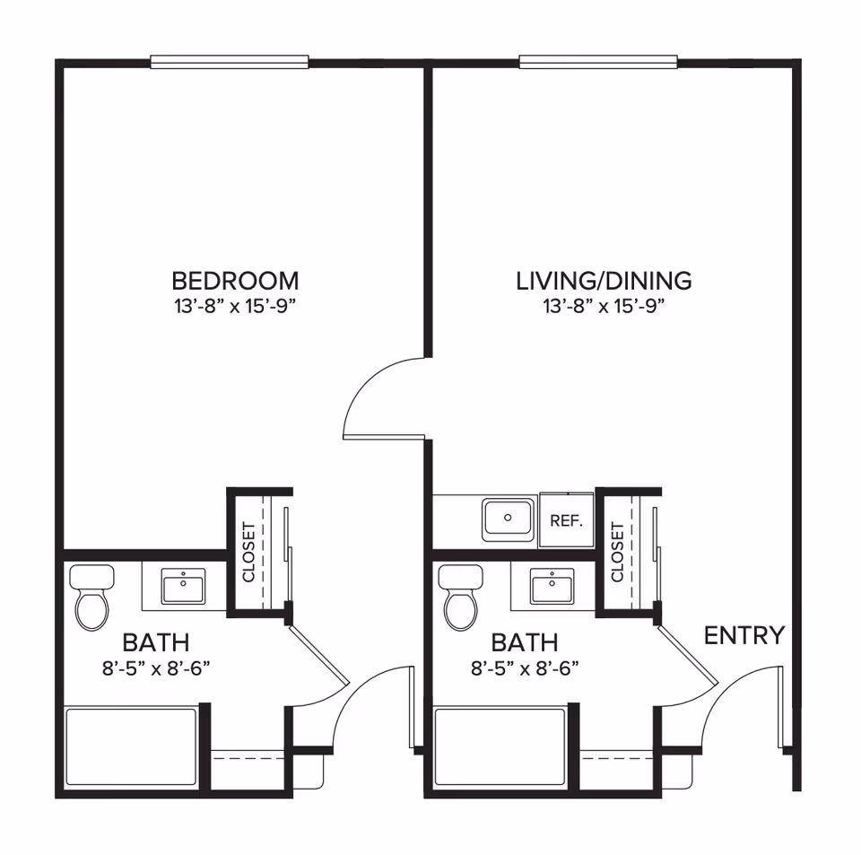 Black-and-white floor plan showing a one-bedroom apartment layout with a bedroom, living/dining room, two bathrooms, closets, an entry and room dimensions.