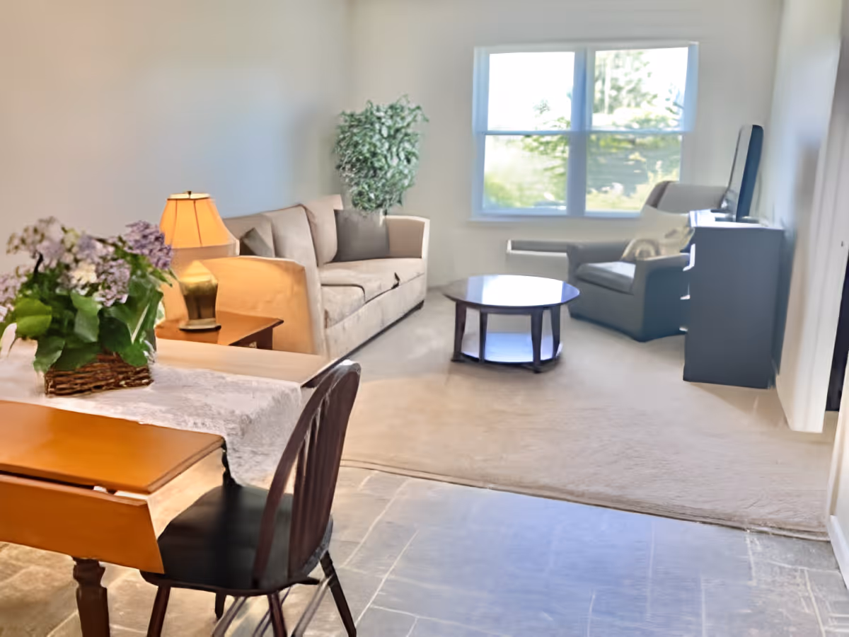 A cozy living room with a beige sofa, a round wooden coffee table, a single armchair, a TV on a stand, and a large window letting in natural light. In the foreground, there is a wooden dining table with a black chair and a basket of flowers on top. A table lamp is placed on a side table next to the sofa, and a potted plant is in the corner near the window.