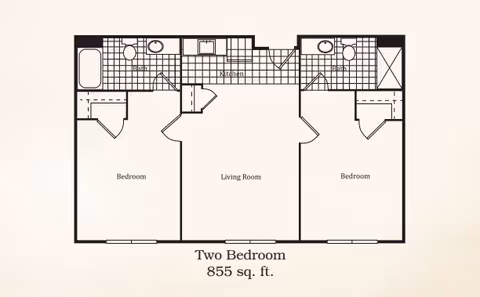 Floor plan of a two-bedroom apartment with a total area of 855 square feet. The layout includes two bedrooms, each with an attached bathroom, a central living room, and a kitchen area between the bathrooms.