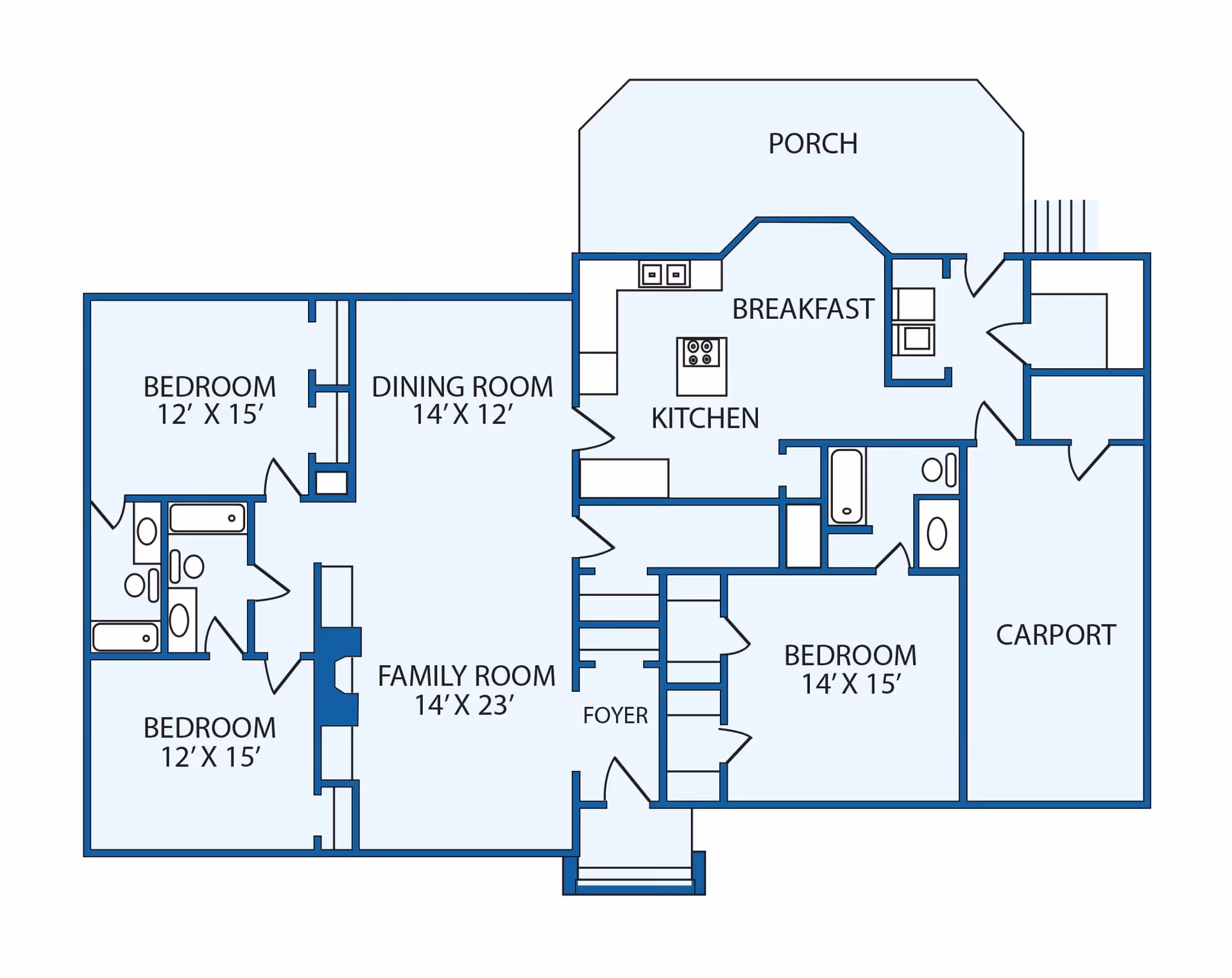 Floor plan of a residential unit showing three bedrooms, a family room, dining room, kitchen with breakfast area, two bathrooms, a porch, foyer, and a carport.