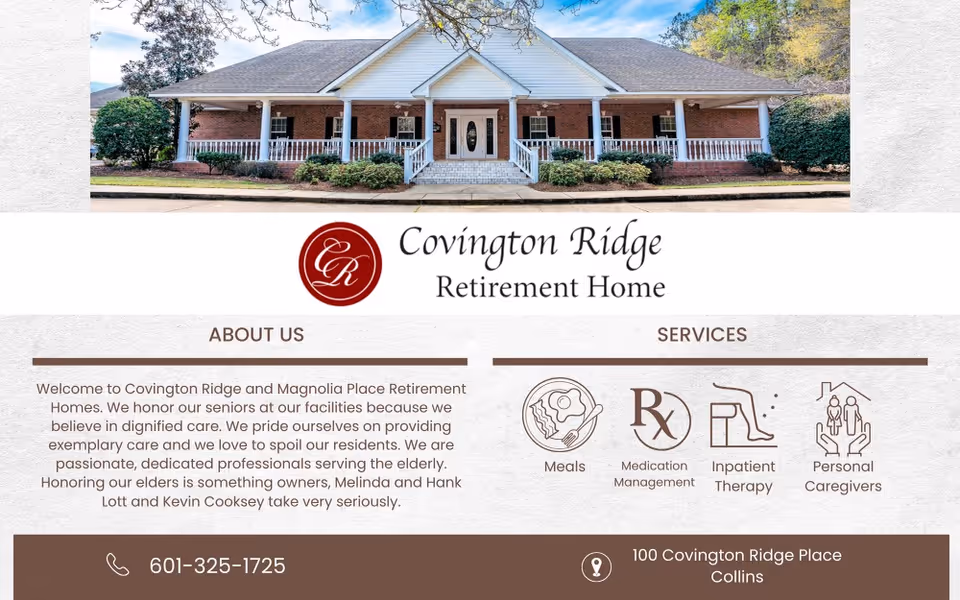 Exterior front view of a single-story brick retirement home with a wide covered porch and central entrance above the Covington Ridge Retirement Home logo.