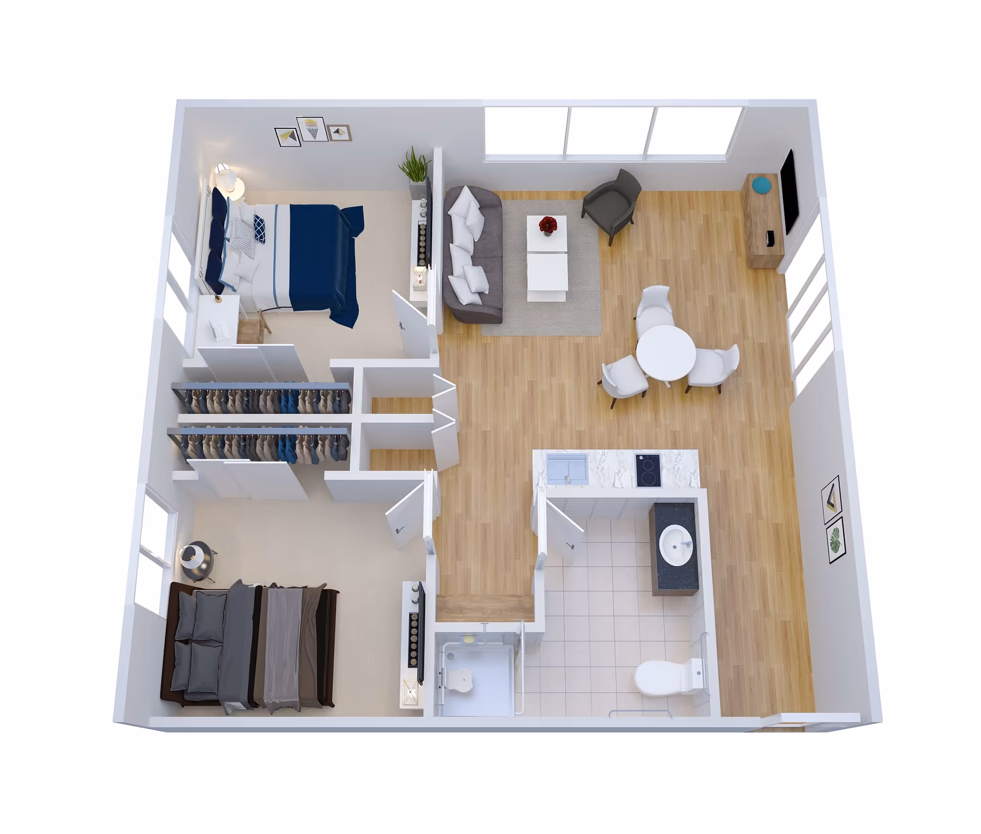 3D floor plan of an apartment featuring two bedrooms, a bathroom, a living room with a sofa, armchair, coffee table, and TV, and a dining area with a round table and four chairs. The kitchen area includes a sink and stove. The flooring is a mix of wood and tile, and the rooms have windows allowing natural light.