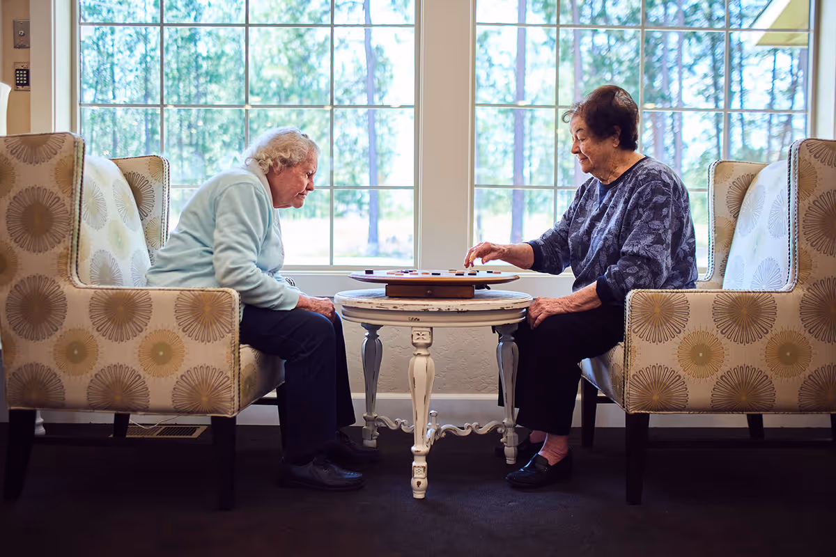 Two elderly women sitting in patterned armchairs facing each other, playing a board game on a small round table in front of a large window with a view of trees outside.