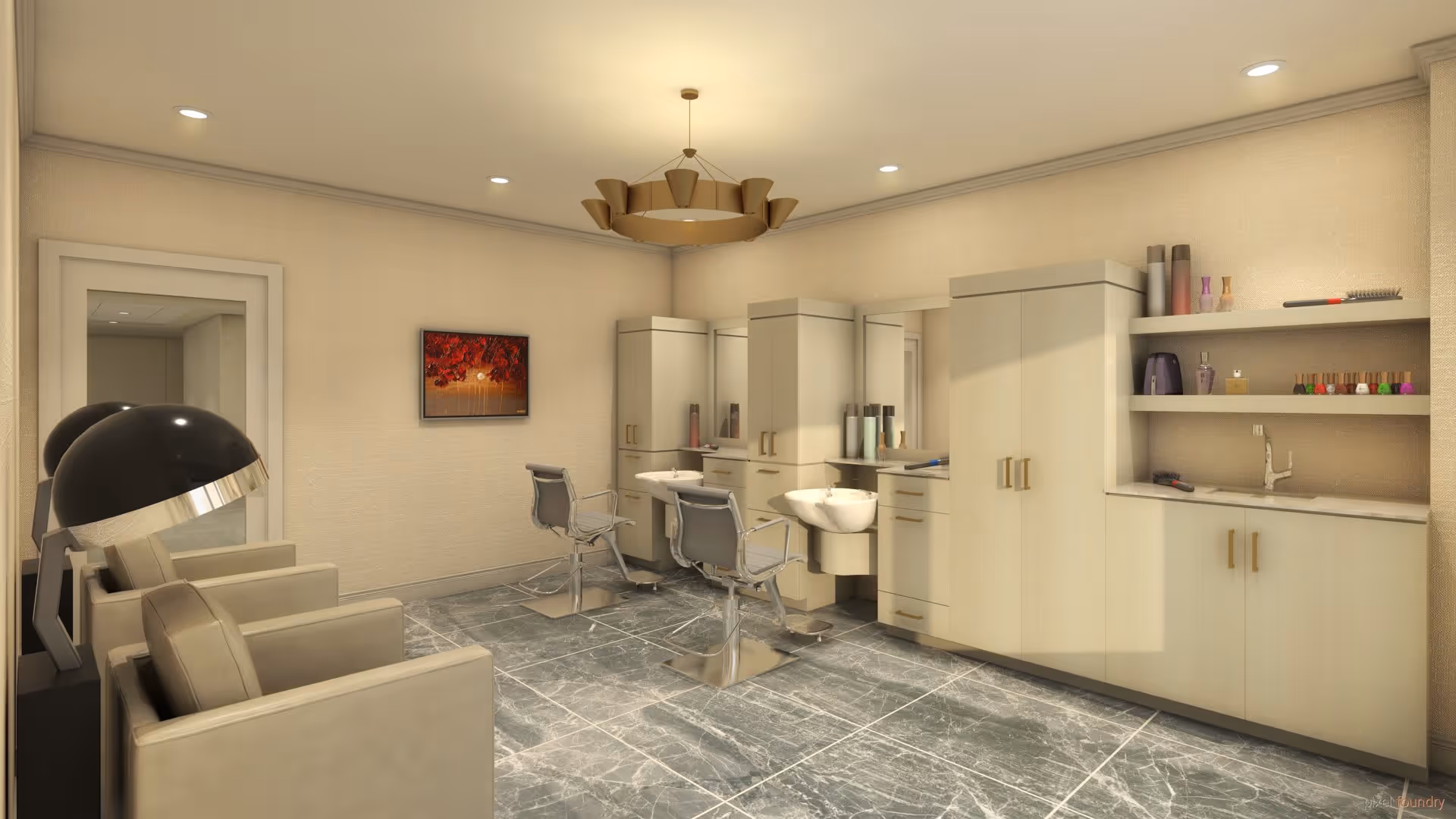 A modern salon room with two beige salon chairs in front of sinks and mirrors, beige cabinets and shelves holding hair care products and nail polish, two beige armchairs with black hair dryers, a large mirror on the wall, a red and orange abstract painting, and a circular ceiling light fixture. The floor is covered with gray marble tiles.