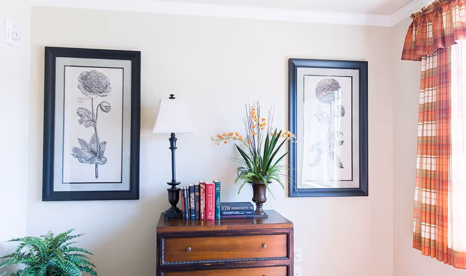 A wooden dresser topped with a lamp, books and a potted plant sits beneath two framed botanical prints beside a window with plaid curtains.