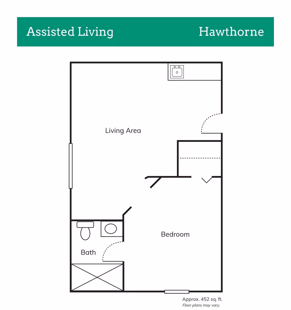 Floor plan layout of an assisted living unit named Hawthorne, showing a living area, bedroom, and bathroom with approximate size of 452 square feet.