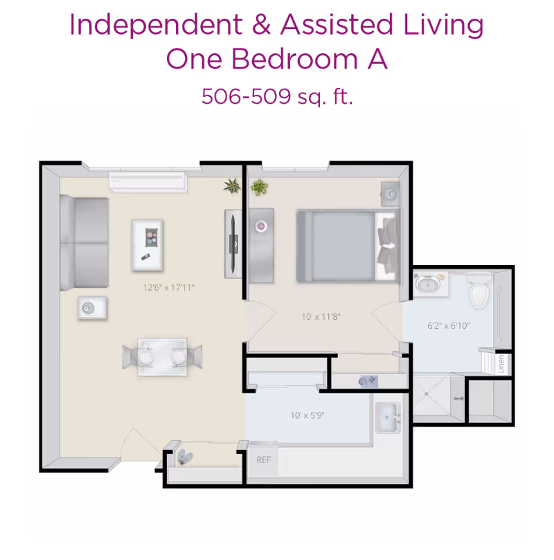 Top-down floor plan labeled 'One Bedroom A' for an independent and assisted living unit showing a living room, dining area, kitchen, bedroom, closets, and bathroom.