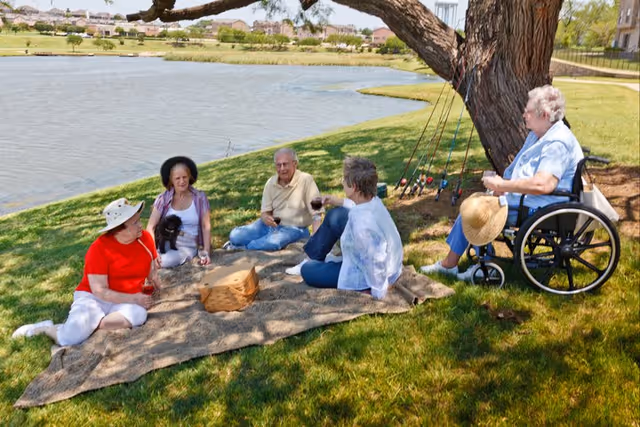 Five elderly individuals enjoying a picnic on a blanket by a lakeside. Four are seated on the blanket on the grass, with one holding a small black dog and another holding a glass of wine. The fifth person is in a wheelchair near a tree with fishing rods leaning against it. The scene is sunny with a calm lake and houses visible in the background.