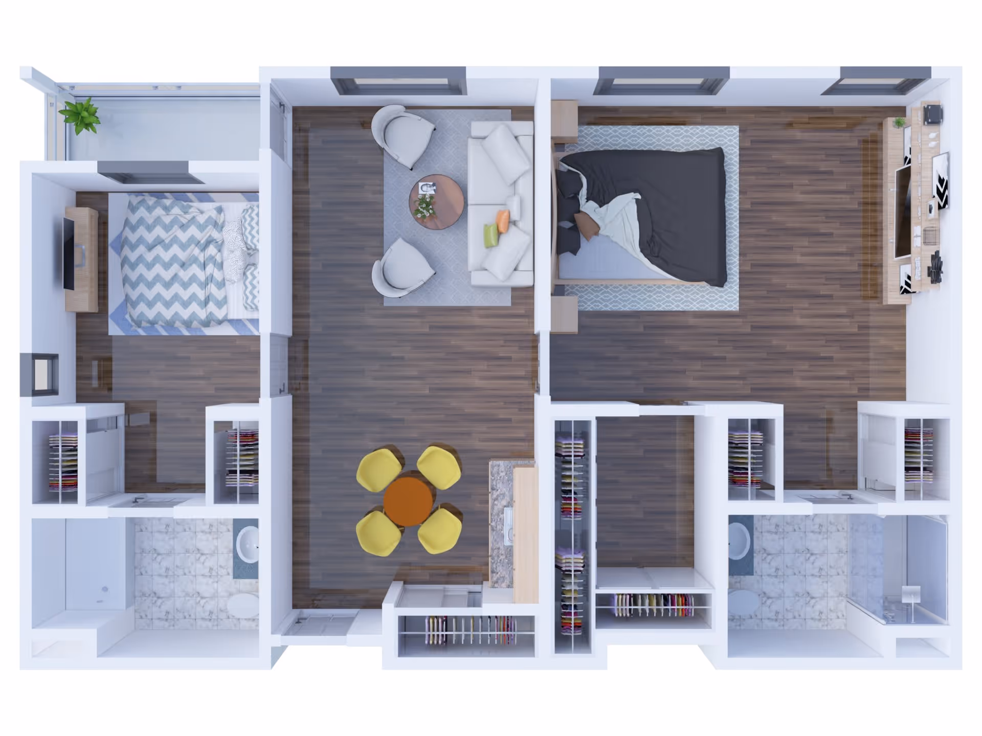 Top-down view of a two-bedroom apartment floor plan featuring a living room with a sofa, two chairs, and a coffee table, a dining area with a round table and four yellow chairs, two bedrooms each with a bed and closet space, two bathrooms with shower and toilet, and a balcony with a plant.