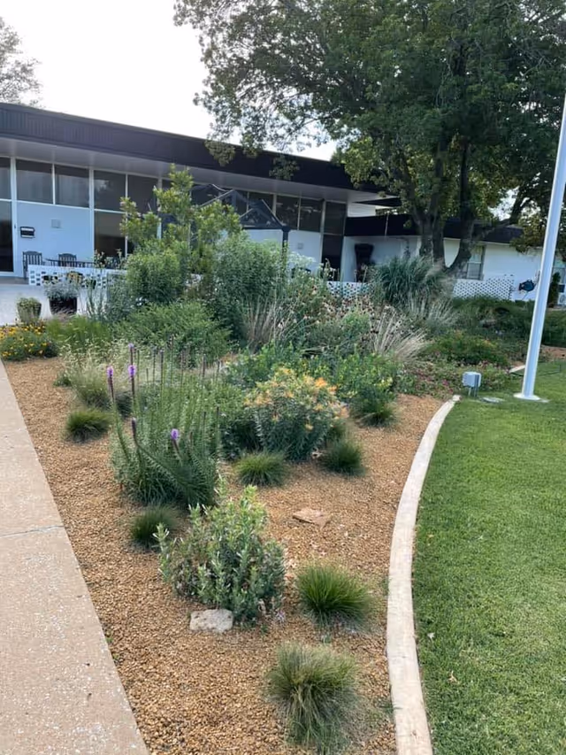 A landscaped garden area with various green shrubs, flowering plants, and small bushes bordered by a curved concrete edge and a grassy lawn. In the background, there is a single-story building with large windows and a covered patio area with chairs. Tall trees provide shade over the building and garden.