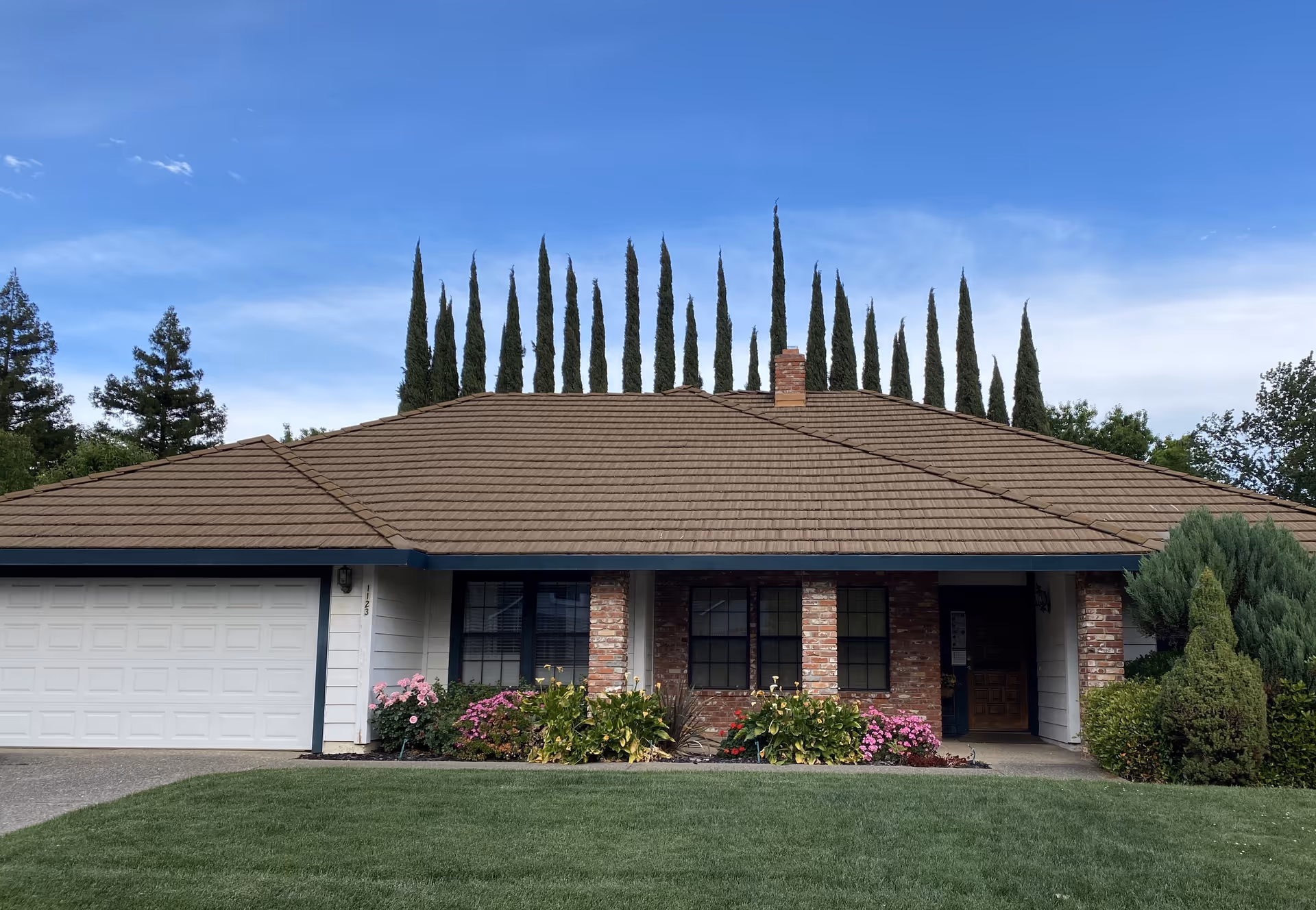 Front exterior of a single-story house with an attached garage, brick facade, landscaped lawn and tall cypress trees behind it.