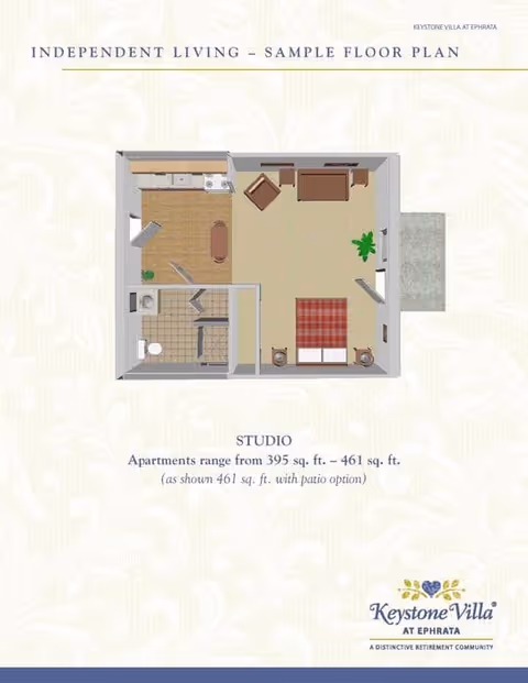 Floor plan of a studio apartment for independent living at Keystone Villa at Ephrata, showing a combined living and sleeping area with a bed, two nightstands, a chair, a sofa, a kitchen area with appliances and cabinets, a bathroom with a toilet and shower, and an optional patio space.