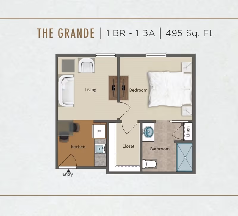 Floor plan of The Grande apartment at The Canopy at Azalea Grove showing a 1 bedroom, 1 bathroom layout with 495 square feet. The plan includes a living area with seating, a bedroom with a bed, a kitchen with appliances, a closet, and a bathroom with a sink, toilet, shower, and linen closet.