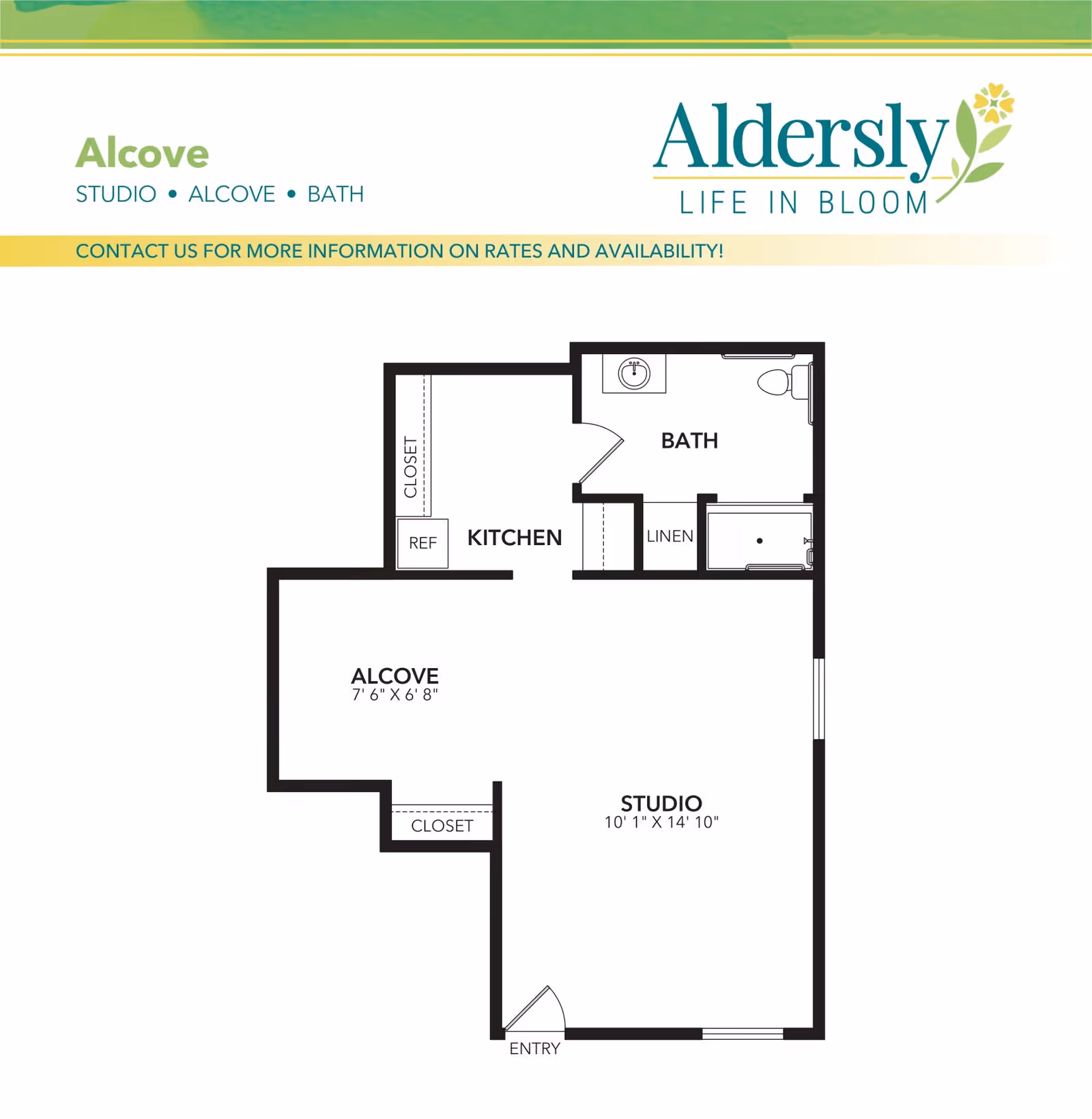Floor plan of a studio apartment at Aldersly showing an entry leading into a studio area measuring 10 feet 1 inch by 14 feet 10 inches, an alcove measuring 7 feet 6 inches by 6 feet 8 inches with a closet, a kitchen area with a refrigerator and closet, and a bathroom with a sink, toilet, linen closet, and bathtub.