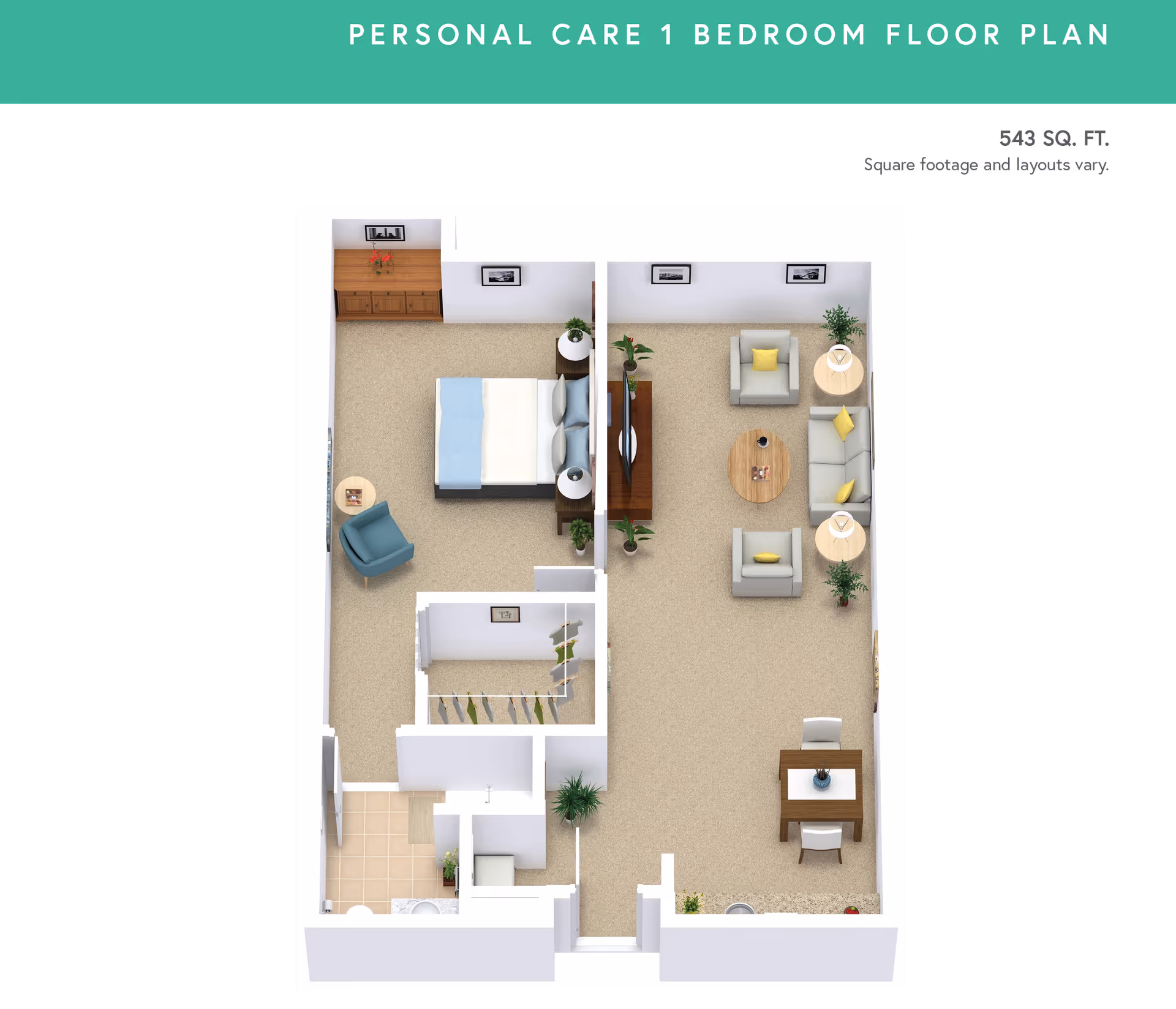 Top-down rendered floor plan of a one-bedroom personal care apartment showing a bedroom, living room, dining area, bathroom and closet.