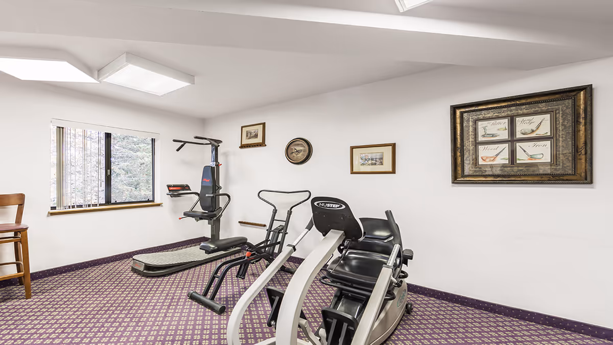A small exercise room with a recumbent stationary bike, a multi-function gym machine, a wooden chair, and framed pictures on the white walls. The floor is carpeted with a patterned design, and there is a window with vertical blinds letting in natural light.