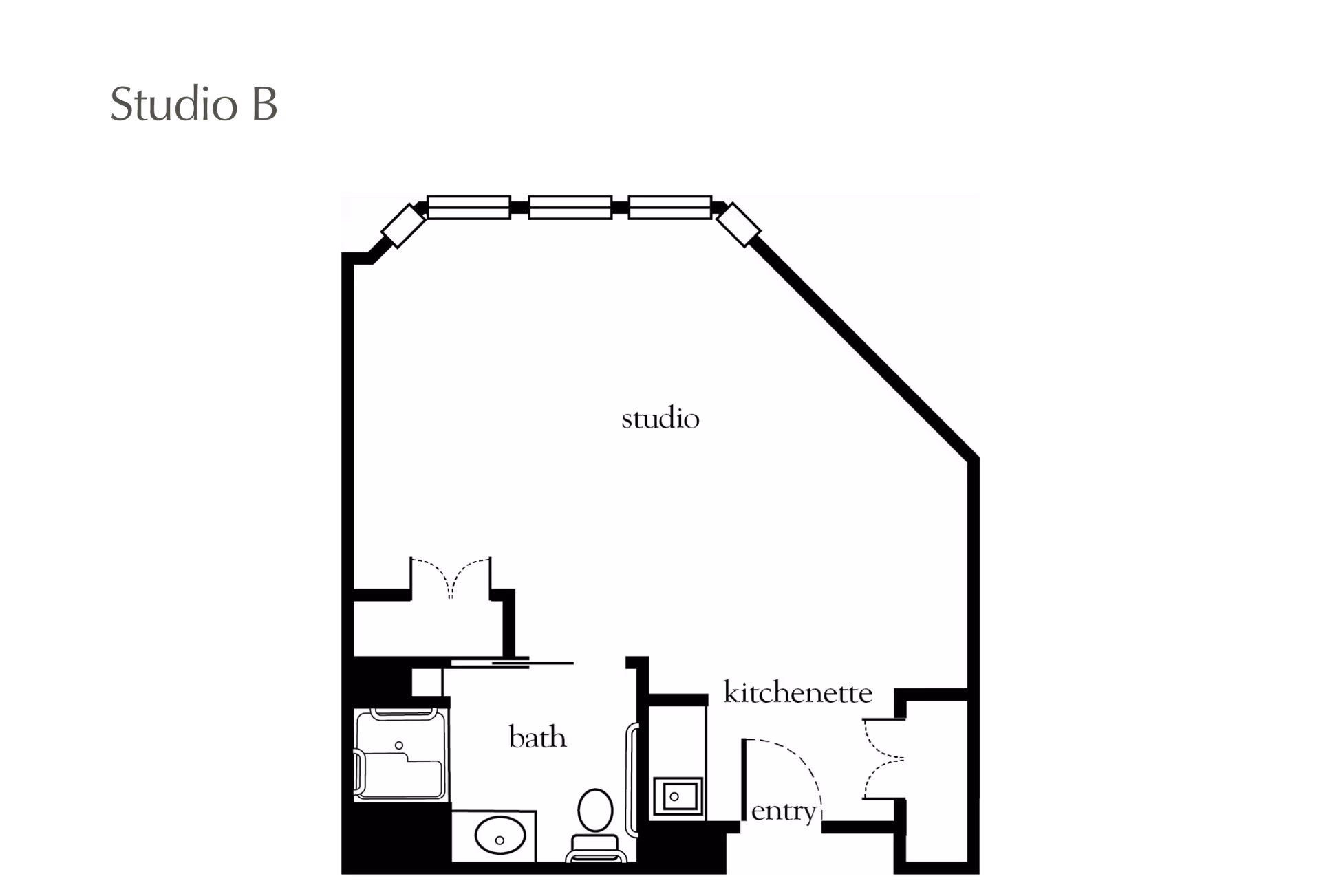 Black-and-white floor plan labeled 'Studio B' showing a studio room with a kitchenette, entry, and bath.