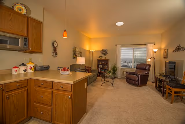Interior view of a senior living facility showing a kitchen area with wooden cabinets and a countertop with decorative containers and a bowl of apples. Adjacent to the kitchen is a living room with a sofa, armchair, coffee table, bookshelf, floor lamps, and a television. A window with white curtains allows natural light into the room.