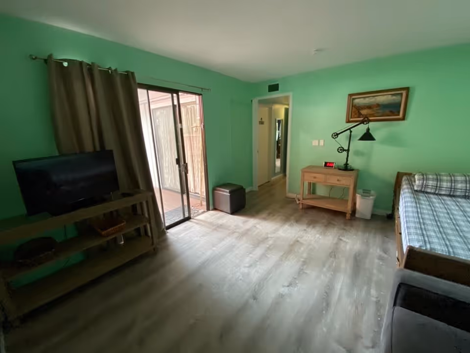 A room with light green walls and wood flooring featuring a single bed with plaid bedding, a wooden nightstand with a black adjustable lamp and a digital clock, a TV on a wooden stand, brown curtains covering a sliding glass door, and a framed painting on the wall.
