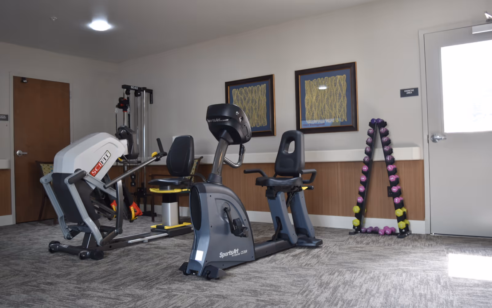 Interior view of a senior living community exercise area with various fitness equipment including a recumbent bike, a leg press machine, a weight rack with dumbbells, and framed artwork on the wall.