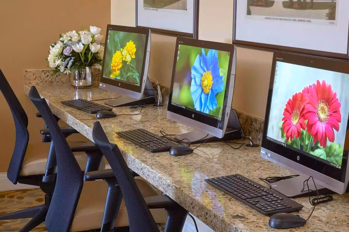 A row of three desktop computers with colorful flower images on their screens placed on a granite countertop. Each computer has a keyboard and mouse in front of it. There are three black office chairs with mesh backs positioned at the counter. A vase with white and purple flowers is placed at the far end of the countertop. The wall behind the computers has framed pictures.