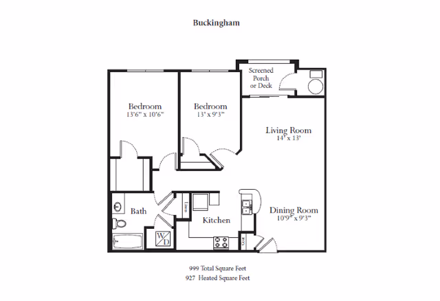 Black-and-white floor plan labeled 'Buckingham' showing two bedrooms, one bathroom, a kitchen with washer/dryer, dining room, living room, and a screened porch with dimensions and total square footage.