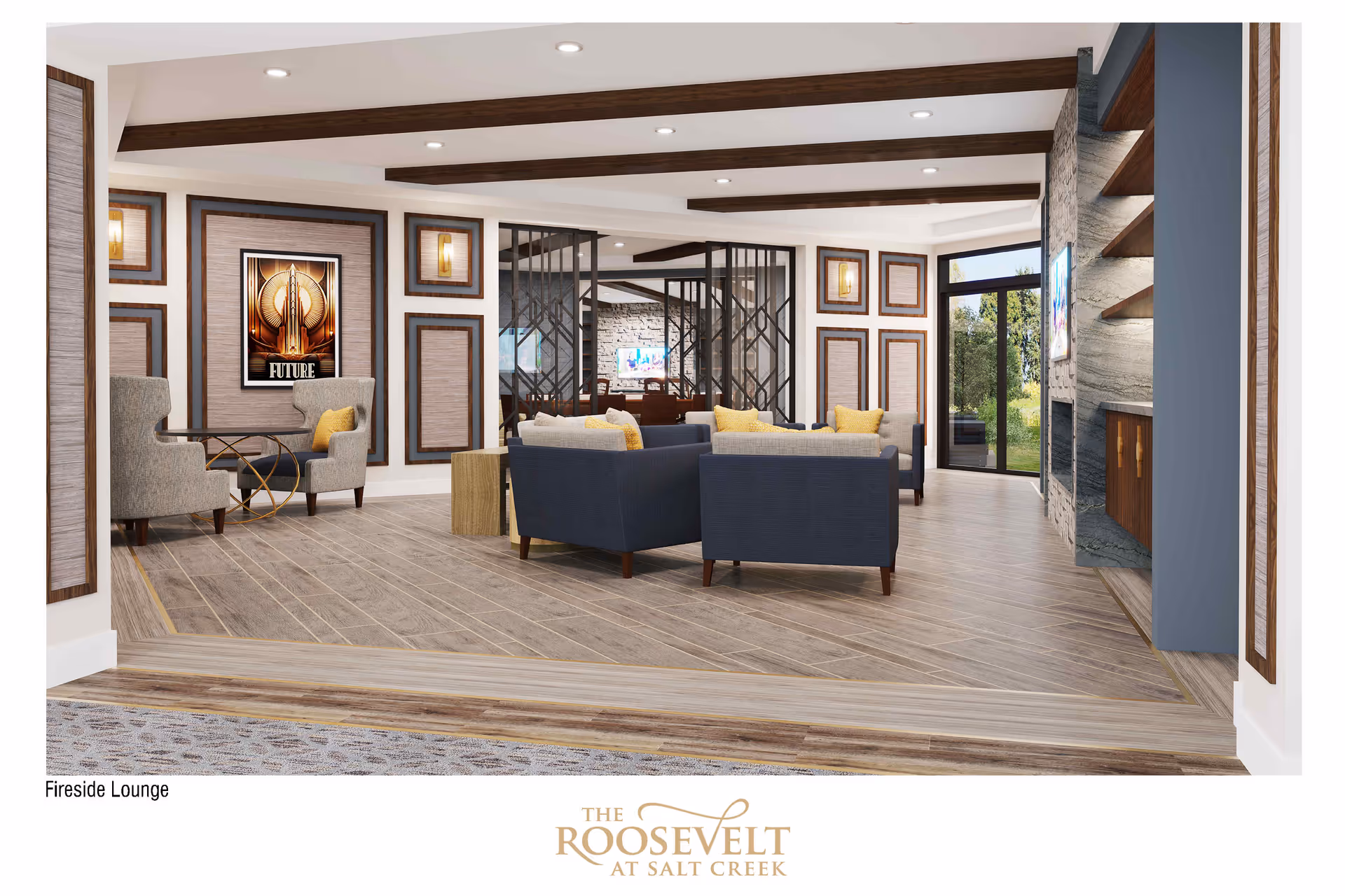 A modern fireside lounge with wooden beams on the ceiling, a seating area consisting of blue and gray armchairs with yellow cushions, a glass door leading outside, and a fireplace with a mounted TV above it. The walls are decorated with framed panels and a framed artwork that says 'FUTURE'.