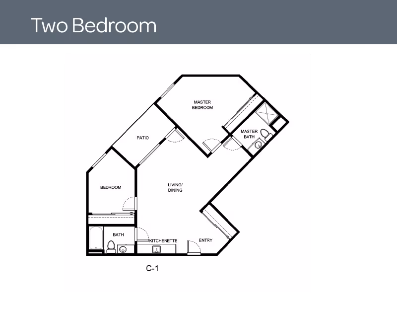 Architectural floor plan of a two-bedroom apartment featuring a master bedroom with attached master bath, a second bedroom, a separate bath, a kitchenette, a living and dining area, an entryway, and a patio.