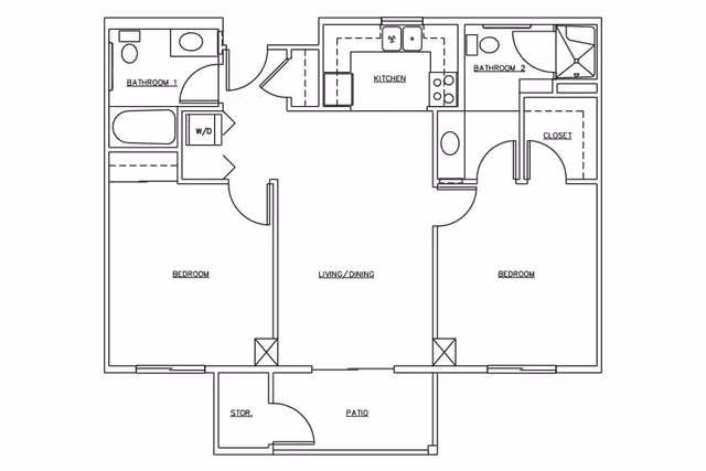 Architectural floor plan of a residential unit at Garden Plaza at Lawrenceville showing two bedrooms, two bathrooms, a kitchen, a combined living and dining area, a patio with storage, and closets.
