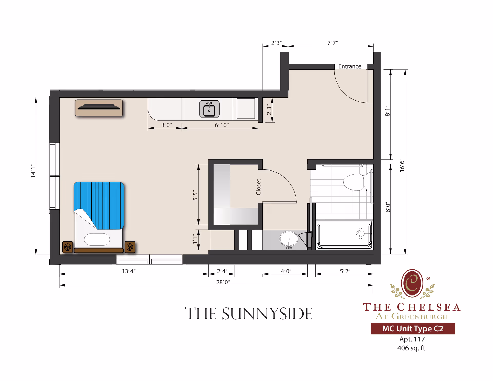Floor plan titled "The Sunnyside" showing a studio apartment layout with a bed, kitchenette, bathroom, closet and dimensions.