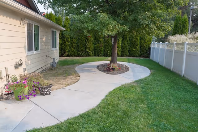 A curved concrete pathway in a grassy backyard area with a tree planted in a circular mulch bed in the middle of the path. There is a beige building on the left side with windows and flower pots near the pathway. A white fence runs along the right side of the yard, and tall green shrubs line the back of the yard.
