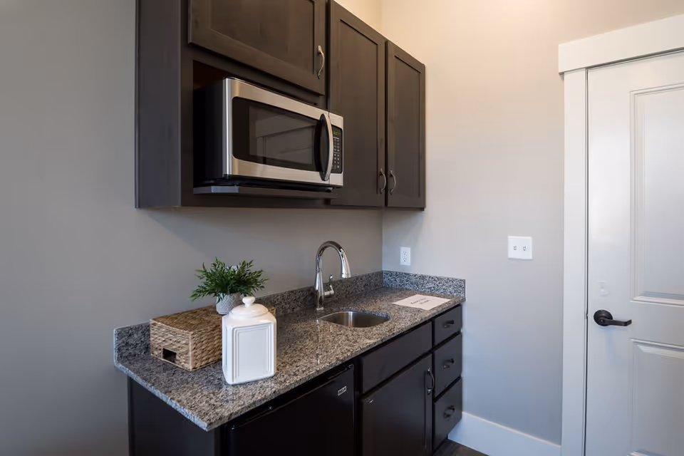 A small kitchenette area with dark wood cabinets, a granite countertop, a stainless steel microwave mounted above the counter, a small sink with a chrome faucet, a mini refrigerator below the counter, a wicker basket, a white ceramic container, and a small green plant. There is a white door with a black handle on the right side.