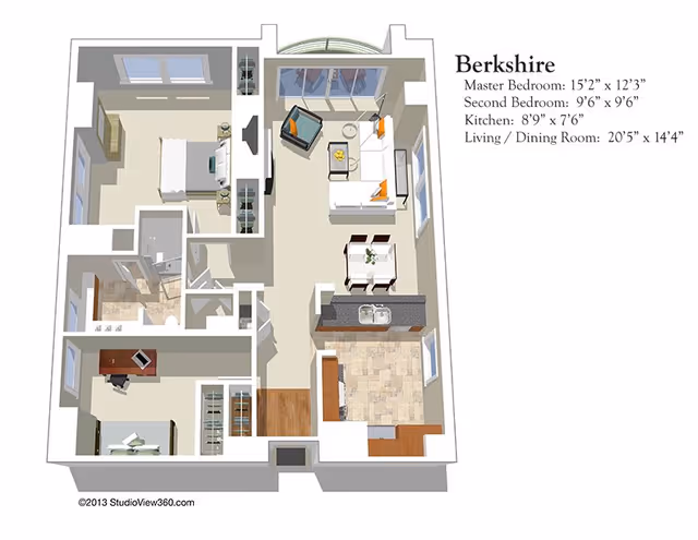 3D floor plan of the Berkshire apartment at The Stratford, showing a master bedroom, second bedroom, kitchen, living and dining room areas with furniture layout and room dimensions.