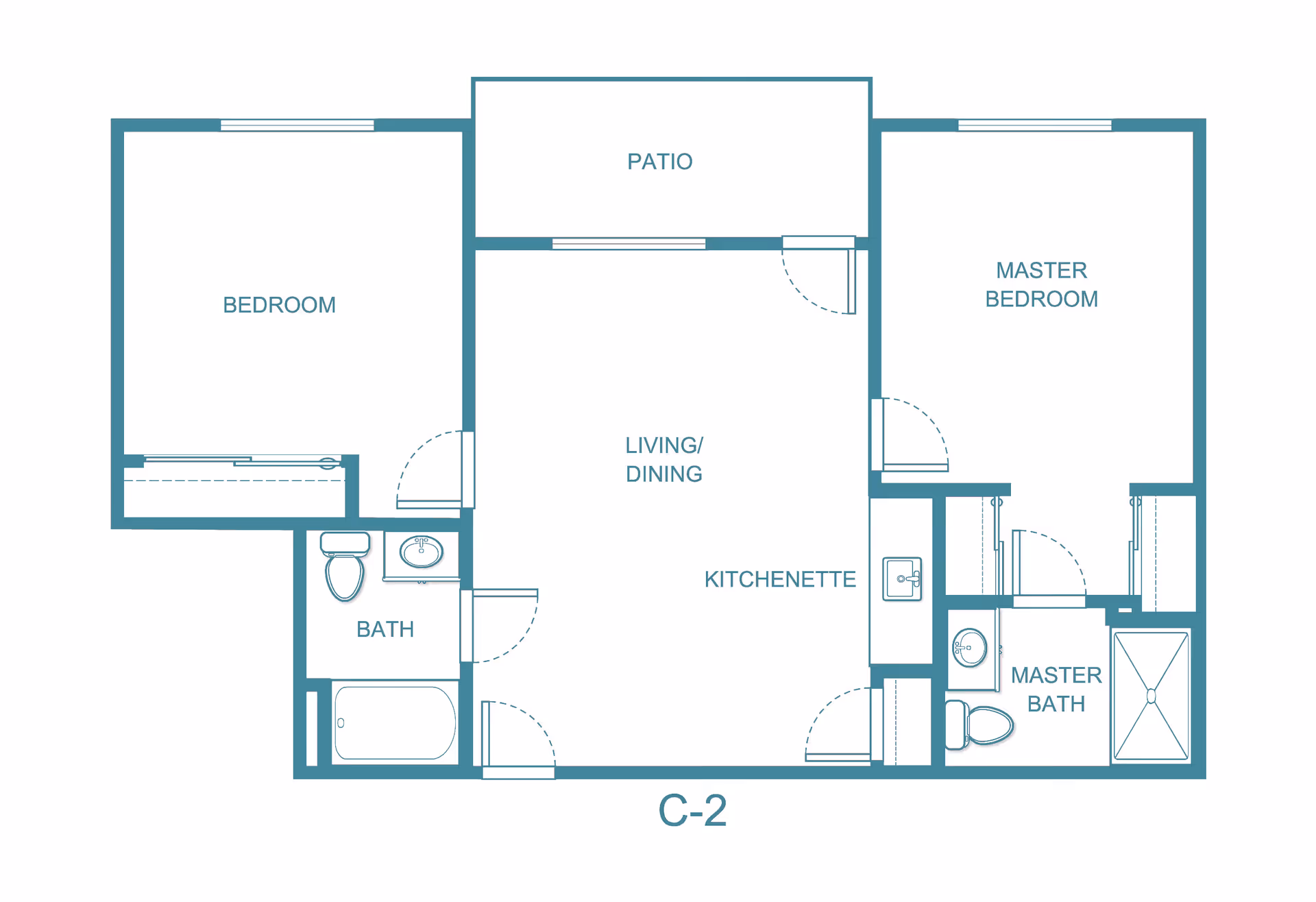 Floor plan layout of a residential unit labeled C-2 at Solista Charlotte by Cogir, showing two bedrooms including a master bedroom, two bathrooms including a master bath, a living/dining area with kitchenette, and a patio.