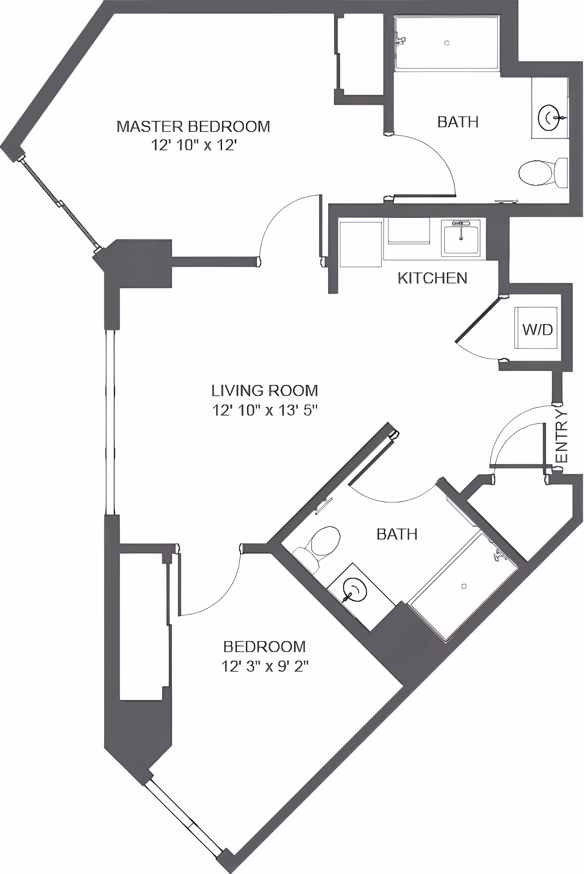 Floor plan of an apartment at Atria At Foster Square showing a master bedroom, a bedroom, two bathrooms, a kitchen, a living room, and an entry area with washer/dryer.