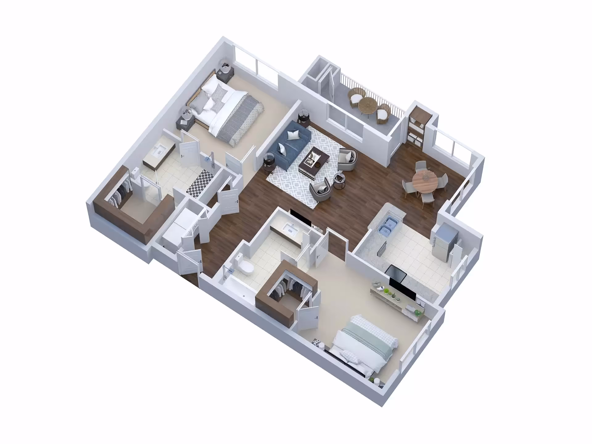 3D rendered floor plan of a two-bedroom apartment showing bedrooms, bathroom, kitchen, living and dining areas with a small balcony.