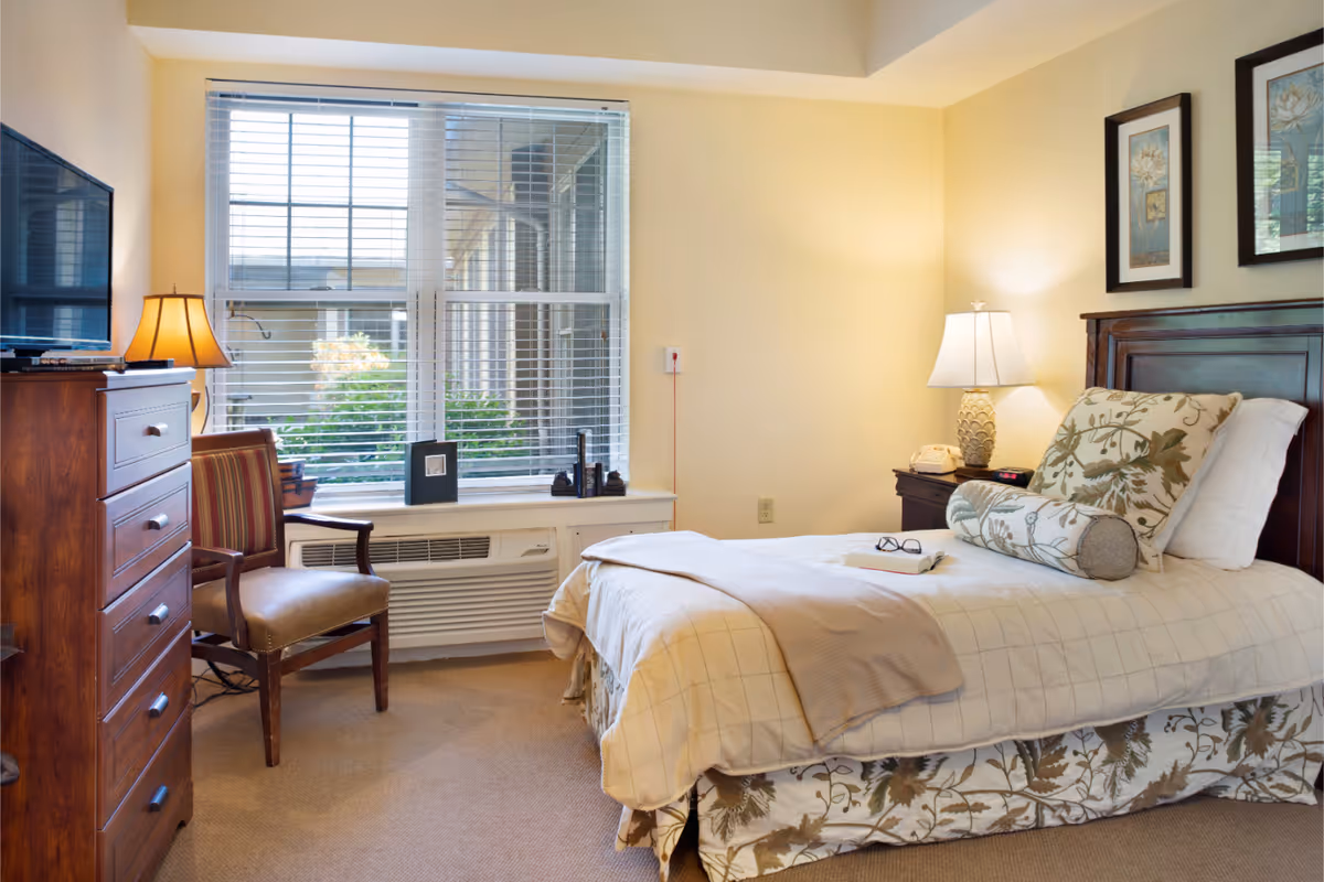 Well-lit furnished bedroom with a single bed, nightstand and lamp, dresser, chair, and a large window overlooking greenery.