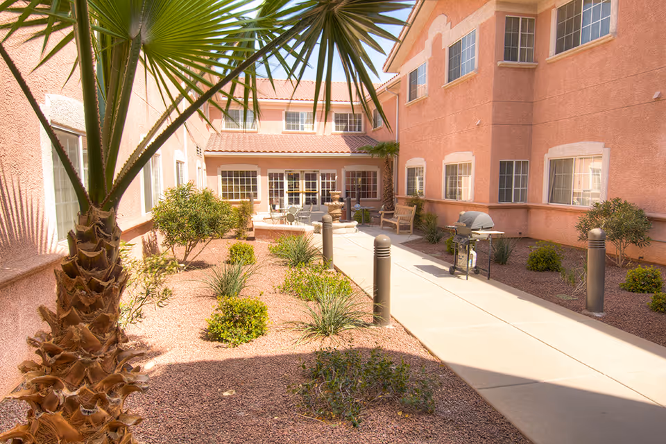 Outdoor courtyard area at The Bridge at Paradise Valley featuring a paved walkway, desert landscaping with small bushes and palm trees, benches, a barbecue grill, and a fountain near the building entrance under a clear sky.
