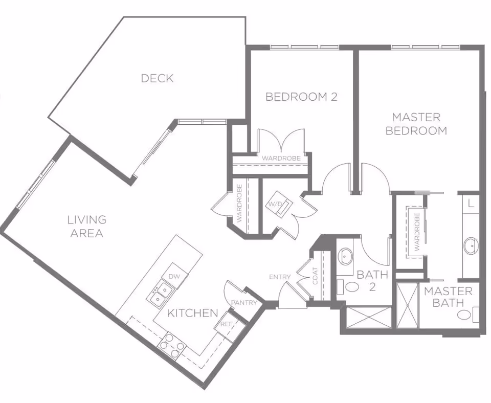 Architectural floor plan of a residential unit at Sagewood at Daybreak showing a deck, living area, kitchen with pantry and refrigerator, two bedrooms including a master bedroom with a master bath, a second bathroom, coat closet, and wardrobes.