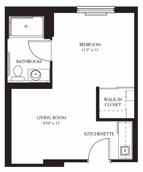 Black and white floor plan of a living space at Tequesta Terrace showing a bedroom measuring 11 feet 3 inches by 11 feet, a bathroom with a shower, toilet, and sink, a living room measuring 9 feet 10 inches by 11 feet, a walk-in closet, and a kitchenette.