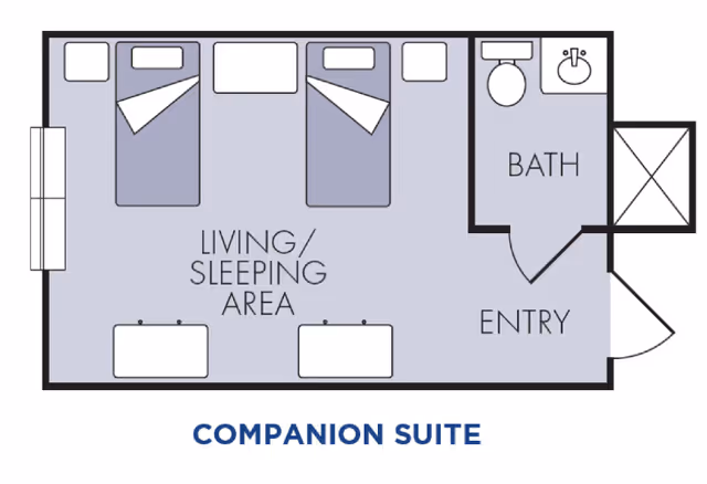 Floor plan of a companion suite at The Haven & The Laurels in Stone Oak, showing a living/sleeping area with two beds, two nightstands, a bathroom with a toilet and sink, and an entry area.