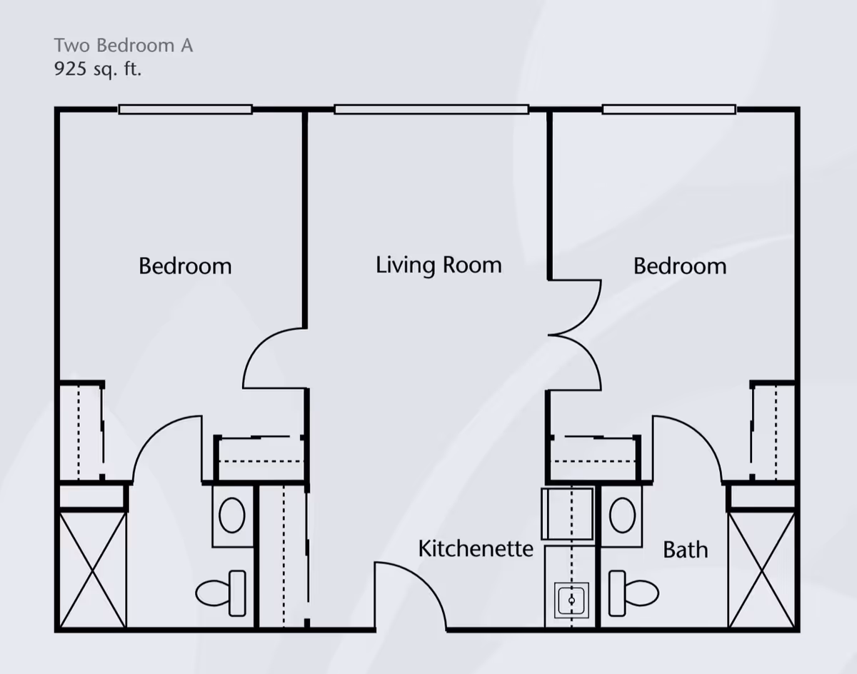 Floor plan drawing of a two-bedroom, 925 sq. ft. apartment showing two bedrooms, a living room, kitchenette and two baths.