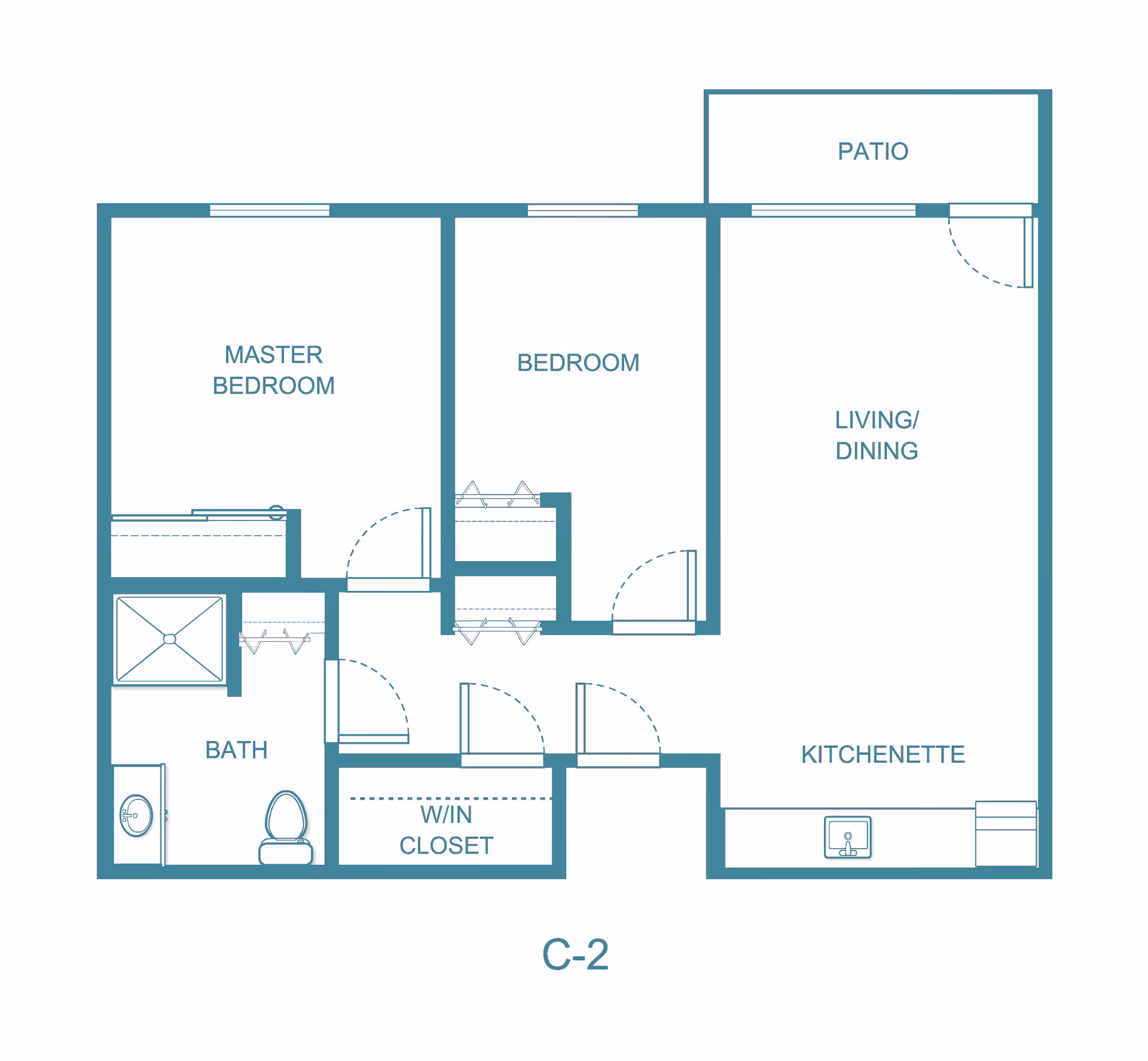 Floor plan layout of a living space at Solista Yakima, showing a master bedroom, a second bedroom, a bathroom, a walk-in closet, a kitchenette, a combined living and dining area, and a patio.