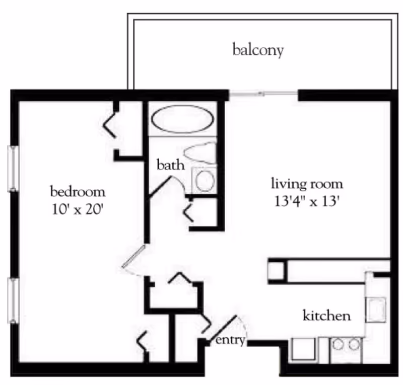 Floor plan of a one-bedroom apartment at Vitality Living Hudson showing a bedroom measuring 10 by 20 feet, a bathroom, a living room measuring 13 feet 4 inches by 13 feet, a kitchen, an entry area, and a balcony.