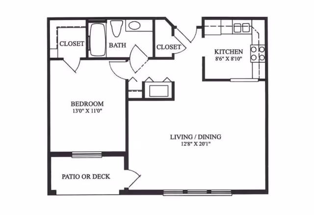 Floor plan of a one-bedroom apartment at The Forum at Lincoln Heights, showing a bedroom with closet, bathroom, kitchen, living/dining area, and a patio or deck.