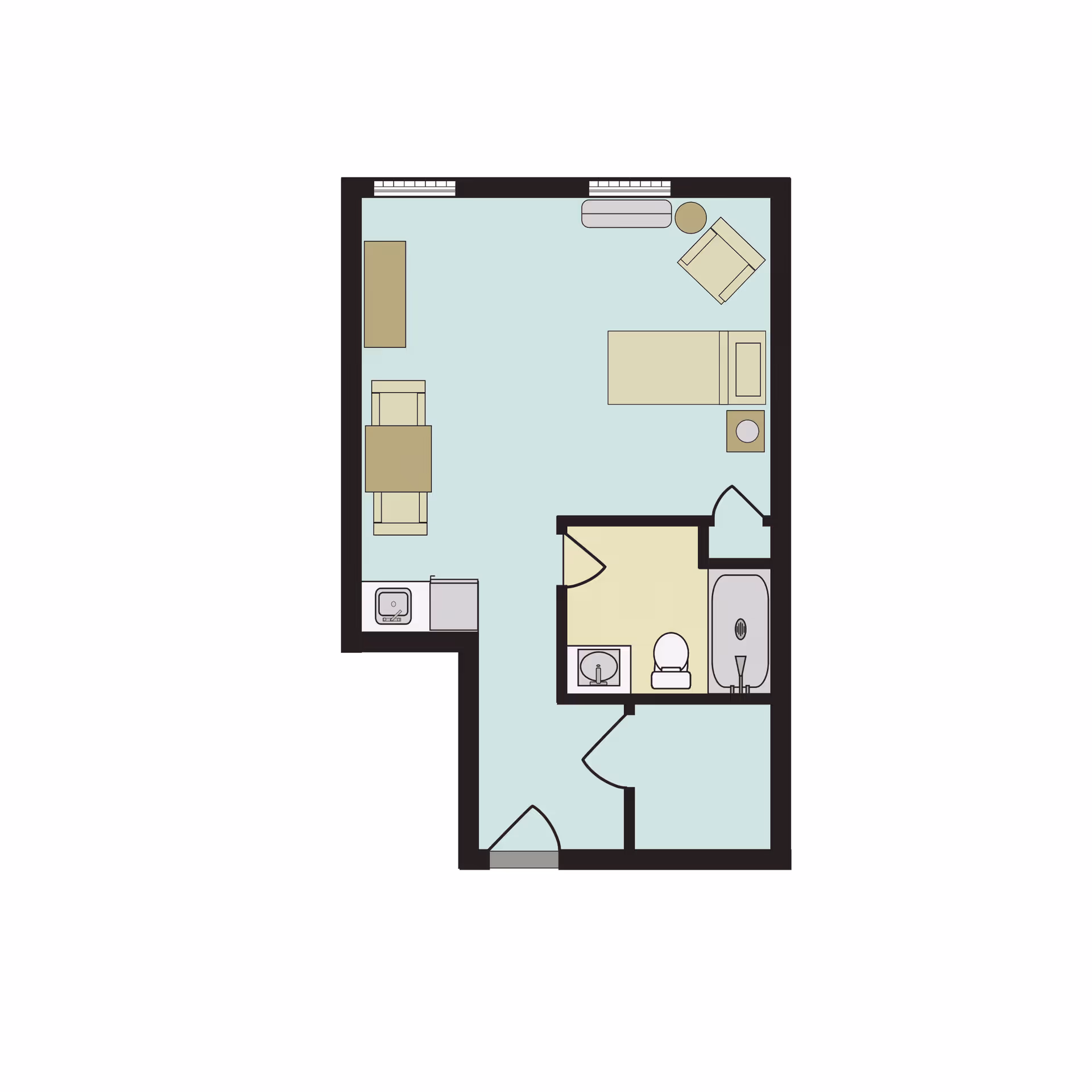 Floor plan of a studio apartment layout featuring a combined living and sleeping area with a bed, armchair, sofa, coffee table, and a small kitchenette. There is a separate bathroom with a sink, toilet, and bathtub. The entrance is located at the bottom left corner.