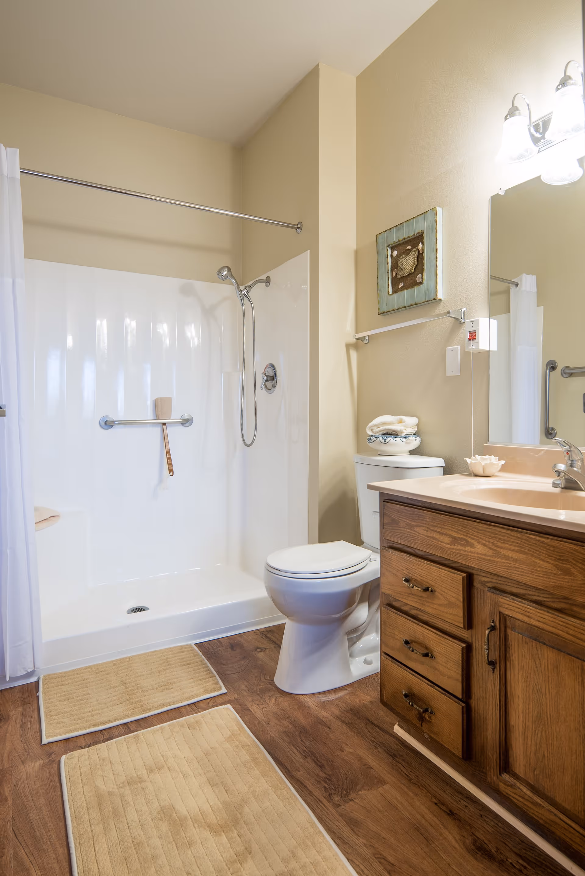 A clean bathroom featuring a walk-in shower with a handheld showerhead and grab bar, a white toilet, a wooden vanity with a sink, and a large mirror above it. The floor has two beige bath mats, and there is a decorative framed artwork on the wall above the toilet.